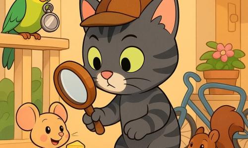 Een grijszwarte gestreepte detectivekat met een wit staartpuntje en heldergroene ogen houdt een houten vergrootglas en snuffelt aan een kleine voetafdruk; naast hem staat een beige muisje met roze wangen op z'n achterpootjes en toont een kruimel kaas; een groen-geel parkietje zit op een leuning met een klein glanzend spiegeltje in de snavel, bezorgd maar dankbaar; een jonge eekhoorn bruin met roodbruine pluimstaart kijkt verlegen maar nieuwsgierig vanuit achter een potplant op een helder verlicht portiek met pastelkleurige muren, versleten deurmat, fietsenrekken en bloempotten in het gouden middaglicht — de kleine speurders hebben verspreide voorwerpen (lege pindakaaspot, spiegeltje, stukje kaas) bijeengebracht in een hoek; vrolijke ontdekkingssfeer, mysterie opgelost, compositie gecentreerd op de kat met het vergrootglas en blikken gericht op de aanwijzingen.
