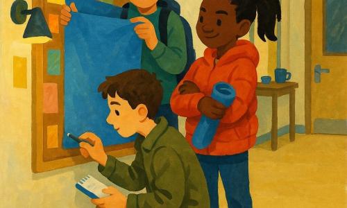 Three 11-year-olds—Milo, a short brown-haired boy in a khaki jacket, crouched left with a small notebook and screwdriver tightening a screw under a frosted glass wall lamp; Lina, a black-haired girl in a red puffer, standing right with arms crossed, holding a rolled blue poster and a mischievous smile; and Owen, a black-haired boy in a navy cap and gray backpack, standing behind them looking embarrassed but relieved, ready to hang the poster—are carefully rehanging a large blue poster on a brown cork display board in a cream-walled community center corridor with beige linoleum, a smoked-glass door and a small table with cups in the background; warm light from the repaired lamp highlights tape traces and loose hairs on the board, creating a precise, honest end-of-investigation mood in thick gouache-like textures and warm colors.