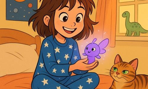 A 12-year-old girl with messy brown hair and sparkling eyes sits on her bed, a mischievous smile on her lips. She is wearing a blue pajama with white stars and holds a small purple giggle in her hands, her expression joyful and amazed. Next to her, a tabby cat, Captain Whiskers, with bright green eyes, lazily stretches on the bed, observing the scene with an amused look. The room is cozy, with soft yellow walls, posters of planets and dinosaurs hanging, and toys scattered on the floor. Soft light filters through the curtains, creating a magical atmosphere. The main scene shows the girl discovering her purple giggle, a small glowing creature that seems ready to take flight, while she softly laughs, surrounded by the peaceful ambiance of her room.