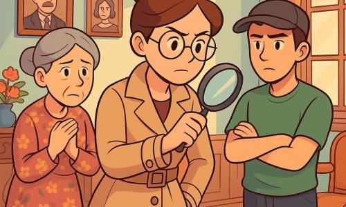 Detective Clara Finch stands at the center of the scene, with brown hair in a bun and round glasses. She has a determined and curious expression, wearing a beige trench coat and holding a magnifying glass in her right hand. To her left, an elderly woman, Mrs. Whittaker, around 60 years old with gray hair in a bun and a floral dress, looks at Clara with a worried expression, her hands clasped over her heart. On the right, a young man, Jack, the gardener, about 25 years old, wearing a cap and a green t-shirt, observes the scene with a thoughtful look, his arms crossed. The setting is the elegant living room of the old Whittaker house, adorned with pastel-colored walls, carved wooden furniture, and a large Persian rug on the floor. Rays of light filter through the curtains, illuminating family portraits hanging on the walls. The main situation shows Clara examining a sparkling piece of jewelry on a table, while Mrs. Whittaker and Jack exchange worried glances, creating an atmosphere of mystery and anticipation.