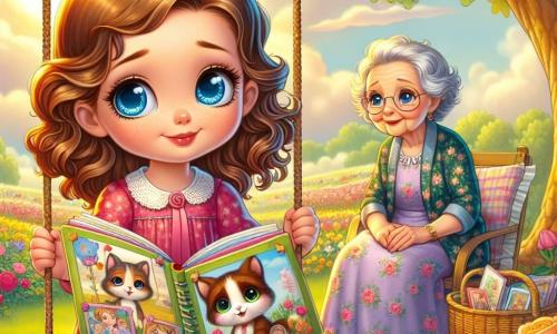 A 7-year-old girl named Lily, with big bright blue eyes and curly brown hair, is sitting on a wooden swing under a large oak tree. Her face shows a gentle melancholy but also a glimmer of comfort as she holds a colorful scrapbook on her lap, flipping through pages filled with drawings and photos of her beloved cat, Mr. Whiskers. Next to her, her grandmother, a 70-year-old woman with silver hair and a warm smile, sits on a picnic blanket. She wears a floral dress and looks at Lily tenderly, sharing joyful memories of their time together. The setting is an enchanting garden filled with vibrant flowers, with roses, tulips, and daisies swaying gently in the breeze. The sky is dotted with soft clouds, allowing rays of golden sunlight to shine through, creating a peaceful and comforting atmosphere. The main scene shows Lily and her grandmother celebrating Mr. Whiskers' memory, surrounded by joyful memories, sharing laughter and stories under the large oak tree, symbolizing love and the continuity of life despite loss.