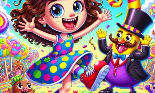 An 11-year-old girl named Pippa, with big brown curls and freckles on her nose, joyfully jumps on a colorful jelly floor, her face beaming with excitement and happiness. She wears a polka-dotted dress and red sneakers that bounce with each jump. Next to her is a small purple rubber chicken named Toodles, wearing a top hat, flapping its wings enthusiastically and shouting "Wobble-boo!" while floating slightly above the ground. A bit further away, a giant banana in a suit, Sir Bananasworth, with a monocle and a banana mustache, claps with a big smile, surrounded by candy creatures dancing and laughing. The setting is a vibrant jelly arena, with lollipop trees and cotton candy clouds floating in a bright blue sky. Jellybean confetti falls from the sky, adding a touch of magic to the scene. The main action shows Pippa and Toodles collecting jellybeans while dodging flying pizzas thrown by the Pizza Wizard, who floats above them, his robe of melting cheese sparkling in the sun.