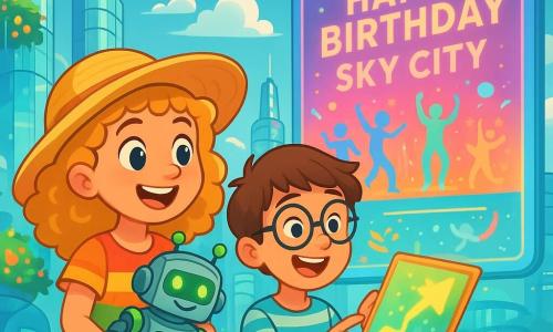 An 8-year-old girl named Zara, with curly golden hair, wears a light dress in bright colors and a sunny hat. She has sparkling curious eyes and a big smile on her face while holding a small robot named Twiki, which lights up with green lights and makes a joyful sound. Next to her, a 9-year-old boy named Lucas, with messy brown hair and round glasses, is looking at a shiny map he found. He is dressed in a striped t-shirt and denim shorts, appearing excited as he points to a direction on the map. The setting is a floating futuristic city with shimmering glass buildings, hanging gardens filled with glowing flowers, and hovercars flying in the blue sky. Fluffy clouds float around the structures, adding a touch of magic. The scene shows Zara and Lucas, amazed in front of a huge holographic billboard announcing the Sky City birthday festivities, with vibrant colors and dancing animations. They are ready for an adventure, eager to discover the surprises that await them.