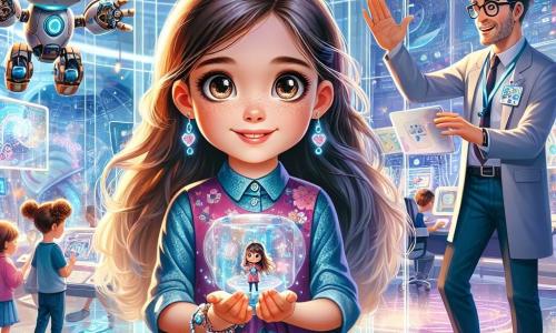 Mała dziewczynka, Zosia, ma 5 lat, długie brązowe włosy i błyszczące z ciekawości oczy. Uśmiecha się z zachwytem, odkrywając futurystyczne centrum pełne błyszczących technologii. Ma na sobie kolorową sukienkę w kwiaty i trzyma małego robota o imieniu Błysk, który ma okrągły kształt i świecące oczy, unoszącego się obok niej z przyjaznym wyrazem. W tle mężczyzna w wieku około trzydziestu lat, wynalazca z rozczochranymi włosami i futurystycznymi okularami, pracuje nad dronem, który lata wokół niego, podczas gdy młoda kobieta w wieku około 25 lat, z krótkimi włosami i ciepłym uśmiechem, pokazuje dzieciom, jak używać holograficznych tabletów. Miejsce to ogromny nowoczesny budynek ze szklanymi ścianami, pełen jasnych świateł i fascynujących maszyn, z holograficznymi ekranami wyświetlającymi kolorowe obrazy nowych wynalazków. Główna scena pokazuje Zosię, zachwyconą, odbierającą interaktywność od drona, podczas gdy Błysk, jej robot, zachęca ją promiennym uśmiechem, tworząc radosną i inspirującą atmosferę w tym futurystycznym świecie.