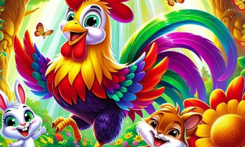 Um galo colorido chamado Cacareco, com penas brilhantes de vermelho, amarelo e verde, está no centro da imagem, exibindo um grande sorriso alegre e olhos brilhantes de excitação. Ele dança batendo as asas, cercado por flores vibrantes e borboletas. Ao seu lado, um coelhinho chamado Rabito, com grandes orelhas e pelagem branca, salta alegremente, rindo com dentes brancos brilhantes, enquanto segura uma cenoura nas patas. Um esquilo travesso, Tico, com uma cauda fofa e olhos maliciosos, sobe em uma árvore próxima, observando a cena com um sorriso divertido. O cenário é uma floresta mágica, cheia de árvores com troncos coloridos, flores gigantes com pétalas vibrantes e uma cachoeira cintilante ao fundo, onde a água dança e brilha sob o sol. A cena principal mostra Cacareco e seus amigos em uma festa, celebrando a amizade em um ambiente alegre e colorido, cheio de risos e felicidade.