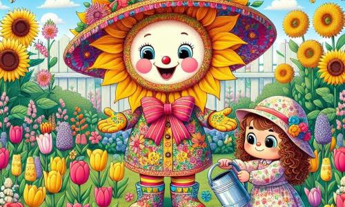 Um chapéu colorido chamado Léo, com padrões de flores vibrantes e um sorriso alegre, está no centro de um jardim em plena floração, com os braços abertos, expressando grande alegria. Ao seu lado, Ana, uma menina de cabelos cacheados e olhos brilhantes, usa um vestido de flores e olha para Léo com admiração, segurando um regador cheio de água, pronta para regar as novas plantas. Ao fundo, o jardim está repleto de tulipas, narcisos e girassóis que dançam sob a brisa suave da primavera, enquanto um céu azul claro salpicado de nuvens brancas acrescenta um toque de magia à cena. A situação principal mostra Léo e Ana plantando sementes juntos, simbolizando a alegria da primavera e a importância da amizade e do cuidado com a natureza.