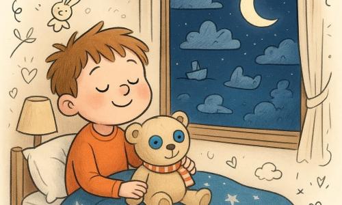 A 4-year-old boy, joyful and sleepy with a round face, rosy cheeks, half-closed smiling eyes and tousled light brown hair, leans on his bed edge looking out the open window while holding a large beige plush 