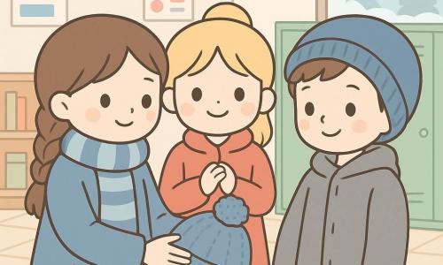 Sunt trei personaje: Mara, aproximativ 11 ani, păr brun împletit, geacă albastră şi eşarfă cu dungi, ţine cu blândeţe o cagulă tricotată; Daria, aproximativ 11 ani, păr blond în coadă, palton roşu, zâmbeşte încurajator stând puţin în spate; Radu, aproximativ 12 ani, păr şaten scurt, palton gri uzat, poartă acum cagulă pe cap cu un zâmbet timid. Loc: hol luminos al şcolii cu podea bej, dulapuri verzi în fundal, o mică bibliotecă din lemn deschis şi afişe colorate, fereastră către curtea înzăpezită. Situaţie: Mara i-o oferă lui Radu pe cagulă albastră cu pompon într-un gest cald şi respectuos; scena e focalizată pe cagulă, atmosferă călduroasă în culori pastel (albastru deschis, gri, bej, roşu pal), stil kawaii minimalist cu forme rotunjite, ochi punctiformi şi textură lână vizibilă pe cagulă.