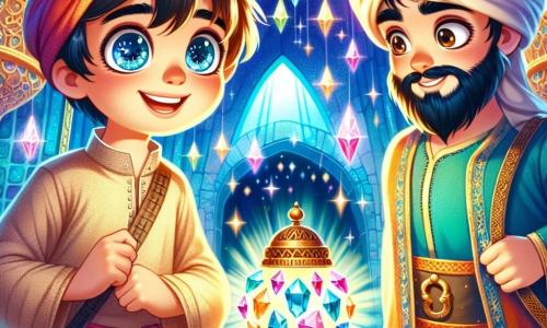 Amir, un băiat de aproximativ 12 ani, are ochi strălucitori ca stelele și un zâmbet curios. Poartă o tunică de in bej, ușor uzată, și un fular colorat pe cap. Se află în fața unei peșteri misterioase, cu inima bătând de emoție și uimire. Lângă el, Căpitanul Rami, un bărbat de aproximativ 30 de ani, are o barbă neagră și ochi pătrunzători. Poartă o tunică albastră împodobită cu motive aurii și ține un inel strălucitor în mână, pregătit să deschidă ușa peșterii. Peștera este majestuoasă, cu pereți strălucitori din pietre prețioase, cristale suspendate ca stelele și o lumină blândă care emană dintr-un suport din sârmă. În centru, o lampă veche stă, înconjurată de un halou luminos. Amir și Rami stau în fața intrării peșterii, pregătiți să descopere secretele pe care le ascunde. Atmosfera este plină de magie și aventură, în timp ce umbrele dansează în jurul lor, evocând povești vechi și comori ascunse.