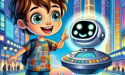 Een 7-jarig jongetje met rommelig bruin haar en nieuwsgierige ogen staat in het midden van de afbeelding, glimlachend van verwondering terwijl hij de Wensmachine ontdekt. Hij draagt een kleurrijk t-shirt met robotmotieven en een denim short. Naast hem zweeft een kleine robot genaamd Blip, met een zilveren afwerking en heldergroene ogen, blij met zijn armen in de lucht, alsof hij de opwinding van het jongetje deelt. De locatie is de prachtige futuristische stad Glimstad, waar de gebouwen schitteren als sterren onder een heldere blauwe lucht. De straten zijn geplaveid met een lichtgevend asfalt dat van kleur verandert, en kleine robots zijn druk in de weer, wat een vleugje magie aan de omgeving toevoegt. De belangrijkste situatie toont het jongetje dat op de grote knop van de Wensmachine drukt, omringd door een stralende gloed, terwijl er een hologram van een kaart voor hen verschijnt, dat verborgen geheimen van de stad onthult.
