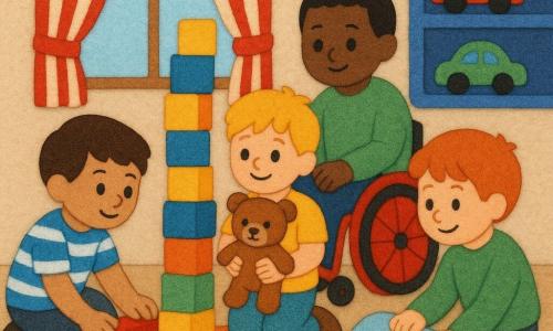 Vier jongens: Sam (6) kort bruin haar, blauw-wit gestreept T-shirt, gehurkt links duwt een blok; Bram (5) warrig blond, geel T-shirt, midden, knuffelbeer stevig vasthoudend en lachend; Joep (6) rood haar, groene trui, rechts op knieën, kijkt onder een kussen en wijst; Kyan (7) kort zwart haar, rode rolstoel, licht achter de toren, hand geruststellend op Brams arm, aandachtig en rustig. Warme vilten kinderkamer met beige stoffen vloer, rond oranje kleed, grote raam met rood-wit gestreept gordijn, blauwe plank met vilten autootjes en hoge, licht hellende toren van gekleurde blokken in het midden. Ze zoeken een bruine knuffelbeer die net achter een plooi van het gordijn vandaan piept; blije gezichten, behulpzame gebaren, vilten texturen, felle kleuren en zachte contouren.