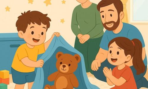Matei, băiat de 4 ani, vesel și concentrat, păr brun ciufulit, poartă tricou galben și șosete cu dinozauri; ridică o păturică albastră pentru a descoperi un ursuleț de pluș, iar lângă el, în genunchi, Ana, fată de ~7 ani cu coadă de cal și rochie roșie, aplaudă entuziasmat; mama (≈30 ani), calmă, cu păr șaten prins și pulover verde, zâmbește de pe fundal, iar tatăl (≈35 ani), cu barbă scurtă și tricou albastru, este aplecat lângă Matei; scena are loc într-o cameră de joacă luminoasă cu covor crem, stickere cu stele pe pereți pastel, o cutie mare de jucării albastră, cuburi colorate și firimituri pe podea; moment tandru și triumfător, Matei mândru, lumină blândă prin fereastră, compoziție centrată și culori calde.