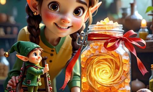 Leni, 10 Jahre, erstaunt und konzentriert, Hände auf einem großen Glasbehälter mit wirbelnden Flocken, sie richtet einen gepolsterten Stoff um das Glas; Flitz, schelmischer Wichteljunge (20 cm), mit grüner Mütze und Glöckchen, auf einer kleinen Leiter, hält das rote Band, das sich ums Glas windet; Tink, Wichtelmädchen und Erfinderin, zerzauste Haare, runde Brille, mit Skizzenheft zeigt auf die Holzkiste, auf der das Glas stehen soll; Brummel, vorsichtiger Wichteljunge mit eckiger Brille, Arme verschränkt, steht auf einer Kiste und deutet auf ein Lineal; Krümel, naschhafter Wichteljunge, hält eine kleine Keksdose als moralische Unterstützung neben Leni; Gemütlicher Dachboden aus Holz mit sichtbaren Balken, gestapelten Kisten, gelber Lichterkette, Geschenkpapier und Papiersternen an der Brüstung, Mondlicht durch ein staubiges Dachfenster; Szene: gemeinsames „Domestizieren“ des Schneeglases, sie bauen gepolsterten Mantel und Kiste zur Stabilisierung, rotes Band weht, leuchtende Flocken formen ein kleines Herz an der Glaswand; Farbton warmes Holz, leuchtendes Rot und Tannengrün, perlmuttweiße Flocken mit blauen Schimmern, sanfte magische Beleuchtung.