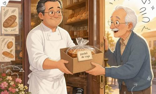 Un panadero de unos cuarenta años, rostro redondo, gafas finas, cabello canoso peinado hacia atrás y sonrisa amable, con delantal blanco y mangas remangadas, sostiene una caja de cartón con un pastel envuelto; un hombre mayor (señor Bruno), unos 75 años, cabello blanco, bigote gris, ojos dulces y postura algo encorvada, abre la puerta y extiende las manos, sorprendido y feliz; escena en la entrada de una pequeña panadería al atardecer, escaparate de madera barnizada, luz dorada, estantes con panes y frascos y un horno al fondo con polvo de harina en el aire; intercambio cálido: el panadero entrega cuidadosamente el 