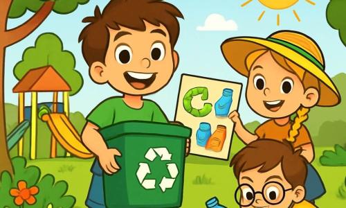Un niño de 8 años, Lucas, con el pelo castaño desordenado y ojos brillantes de determinación, sonríe alegremente mientras sostiene un gran contenedor de reciclaje. Lleva una camiseta verde brillante y un pantalón corto de jean, y está rodeado de basura que recoge con entusiasmo. A su lado, Sofía, una niña de 7 años con cabello largo y rubio trenzado, lleva un sombrero de paja y sostiene un cartel colorido con dibujos de reciclaje. Ella sonríe y anima a otros niños a participar. Tomás, un niño de 8 años con gafas y cabello castaño, está recogiendo una botella de plástico, luciendo concentrado y decidido. La escena tiene lugar en un parque verde, lleno de árboles majestuosos, flores coloridas y un área de juegos al fondo. El sol brilla en un cielo azul claro, y los pájaros cantan alegremente en los árboles. Lucas y sus amigos están limpiando el parque, recogiendo basura para hacerlo más bonito. Todos están motivados y felices, mostrando que incluso los pequeños esfuerzos pueden hacer una gran diferencia por el planeta.