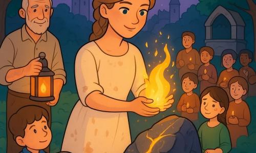 Ilina, femeie cu trăsături blânde şi hotărâte, ochi cenuşiu-în albastru, păr şaten deschis împletit, poartă o rochie crem simplă murdărită de pământ; ţine în palme o mică flacără aurie pe care o îndreaptă spre o mare piatră neagră crăpată acoperită cu rune, cu o expresie caldă şi încrezătoare. Lângă ea, pietrarul, bărbat de circa 60 de ani, cu piele ridată şi mâini bătătorite, cămaşă cu mâneci suflecate, stă lângă un pod de piatră ţinând o lanternă aprinsă şi zâmbind blând. Un băiat ucenic de circa 10 ani, voinic şi timid, în vestă albastră, ajută la ridicarea unei pietre pe pod şi o priveşte pe Ilina cu admiraţie. O fetiţă de circa 9 ani, păr brun împletit, rochie verde, şterge o lacrimă lângă o fântână veche şi priveşte uşurată. Mai mulţi copii şi adulţi formează un semicerc, fiecare ţinând o lumânare mică sau un coş cu pâine, cu mâinile întinse spre Ilina, feţe curioase şi liniştite. Locul e o poiană lângă un castel de piatră cu turnuri subţiri, solul pavate cu pietre rotunde luminoase şi copaci verzi cu frunze strălucitoare; atmosferă crepusculară, cer lila şi lună argintie. Din crăpătura pietrei ţâşneşte o lumină aurie în valuri fine, scântei ca nişte fluturaşi de foc se ridică, iar întunericul se retrage în filamente, creând un contrast puternic între obscuritate şi căldura aurie. Stil: ilustraţie vectorială clară, culori saturate şi contrastante, linii moi şi contururi clare, expresii accesibile copiilor, atmosferă feerică şi binevoitoare.