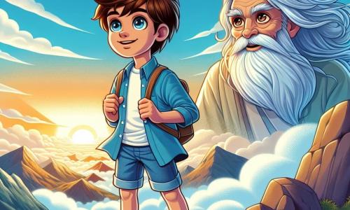 Um garoto de 12 anos, Lucas, está no topo de uma montanha majestosa, seus olhos brilhantes cheios de admiração e determinação. Com cabelos castanhos bagunçados, uma camisa azul e um short de jeans, ele observa o horizonte com um sorriso radiante, como se tivesse descoberto um segredo precioso. Ao seu lado, um velho sábio com uma longa barba branca e roupas flutuantes, o Conselheiro Sábio, o observa com benevolência. Ele tem cerca de 70 anos, olhos brilhantes de sabedoria, e se mantém um pouco afastado, de braços cruzados, como se esperasse que Lucas fizesse uma nova descoberta. O cenário ao redor é espetacular: nuvens fofas flutuam abaixo, enquanto o sol nasce, pintando o céu com tons dourados e rosados. A montanha é rochosa, salpicada de flores coloridas que acrescentam um toque de magia à cena. Lucas, no topo da montanha, contempla o vasto mundo abaixo, percebendo que cada pergunta que faz é uma porta aberta para novas descobertas e aventuras.