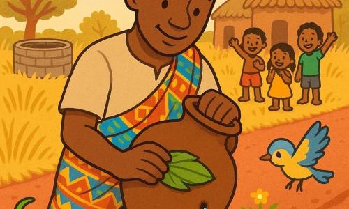 A smiling man named Kofi with warm brown skin and short black hair wears a beige shirt and colorful wrap while plugging a small hole in a brown clay jar with a palm leaf as drops fall in a line on a shiny red dirt road and cause tiny colorful flowers to appear; a bright green lizard sits at the road edge left, a yellow-and-blue bird flies low right watching the drops, three village children clap near huts in the background by a stone well, golden tall grass and a pastel morning sky frame the scene, rendered in warm saturated colors with soft rounded outlines and visible earth and fabric textures for a clear, toddler-friendly composition.