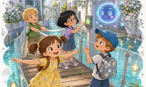 Hay cinco personajes: Luna, niña de 6 años con dos coletas y vestido amarillo, a la izquierda en primer plano con los brazos abiertos; Tomás, niño de 6 años con gorra azul y mochila, a la derecha sosteniendo una pegatina brillante; Ada, niña de 6 años con pelo corto y gafas, al centro detrás mirando un pequeño dispositivo gris en la pared; Bruno, niño de 7 años con pelo rubio y camiseta verde, atrás tirando de una cinta blanca; y el holograma Guiño, esfera con rostro sonriente en neón azul y rosa flotando a la derecha emitiendo pequeñas estrellas. Ambientado en una pasarela suspendida sobre un canal de agua clara con barandillas transparentes y tablones de madera reciclada, edificios blancos con jardines en las azoteas y paneles solares dorados al fondo, vegetación plateada y pequeñas luces flotantes. Los niños reabren la pasarela orientando reflectores y enviando un rayo de luz que enciende un boquete gris en verde mientras la barrera se eleva, con luz solar suave reflejada en el agua, expresiones alegres y colaborativas, atmósfera futurista y cálida en colores pastel, texturas nítidas y pequeños destellos y flechas que indican la acción.
