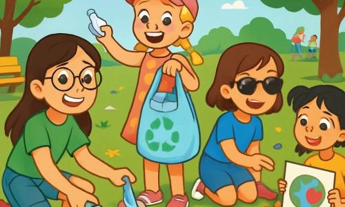 Ci sono 4 bambini: - Sofia: una ragazza di 10 anni, con lunghi capelli castani e occhiali rotondi. Indossa una maglietta verde e un pantaloncino di jeans. Sta raccogliendo rifiuti con un grande sorriso. - Giulia: una ragazza di 9 anni, con capelli biondi intrecciati e un cappellino rosa. Indossa un vestito a fiori e tiene un sacco di riciclaggio pieno di bottiglie di plastica. È accanto a Sofia e mostra un rifiuto trovato. - Marta: una ragazza di 10 anni, con capelli castani e occhiali da sole. Indossa una maglietta blu e pantaloni corti. Sta disegnando un grande cartello a terra con pastelli colorati, spiegando a Chiara. - Chiara: una ragazza di 9 anni, con capelli neri e due codini. Indossa una maglietta gialla e un pantaloncino. È seduta a terra, ascoltando attentamente Marta mentre tiene un cartello colorato già completato. La scena si svolge in un parco soleggiato, pieno di alberi verdi e fiori colorati. Si vedono panchine di legno e bambini che giocano in lontananza. Il terreno è coperto di rifiuti, ma i bambini lavorano duramente per pulirlo. La situazione principale mostra le quattro amiche in azione, raccogliendo rifiuti e creando cartelli colorati per sensibilizzare i passanti sull'importanza del riciclaggio. L'atmosfera è gioiosa e dinamica, con sorrisi e risate, mentre si sforzano di rendere il loro parco più pulito e bello.
