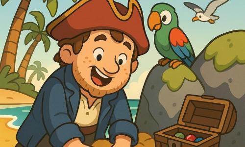 Ein Mann, Kapitän Leo, lächelnd und erstaunt, rundes Gesicht mit Sommersprossen, zerzauste braune Haare und kleiner Bart, trägt abgenutzten marineblauen Piratenmantel und roten Dreispitz; er gräbt fröhlich mit den Händen im Sand vor einem großen moosfleckigen Felsen. Ein bunter Papagei (grün, blau, rot) sitzt auf seiner rechten Schulter, neckisch und zur Truhe blickend. Mehrere weiße und graue Möwen fliegen darüber, Flügel ausgebreitet und rufen fröhlich. Ort: sonnige tropische Insel mit goldenem Sand, geschwungenen Palmen, türkisfarbenem Wasser und vereinzelten Muscheln. Szene: der Kapitän hat gerade eine kleine alte Holztruhe am Fuße des Felsens geöffnet; darin bunte Steine und ein kleines glänzendes Spiegelchen, das sein Lächeln reflektiert; warme Stimmung, kräftige Farben, weiche Schatten und einfache Texturen für Kleinkinder.