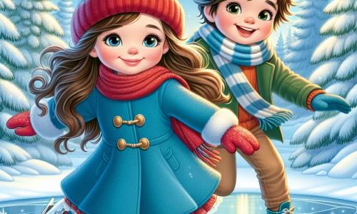 Una ragazza di 9 anni, Sofia, con lunghi capelli castani e guance rosa, sorride con meraviglia mentre pattina su un lago ghiacciato. Indossa un cappotto blu vivo, un berretto rosso con pompon e guanti di lana. Accanto a lei, un ragazzo di 8 anni, Marco, con capelli castani e occhi brillanti, ride cercando di non cadere, vestito con una sciarpa a righe e una giacca verde. Si trovano su un lago circondato da alberi maestosi, i cui rami sono carichi di neve scintillante sotto un cielo azzurro chiaro. La scena trasmette un'atmosfera gioiosa e invernale, piena di risate e magia, mentre fiocchi di neve cadono dolcemente intorno a loro.