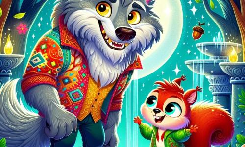 A friendly werewolf, large and furry, with shining golden eyes and a warm smile, stands at the center of the scene. His fur is a soft gray, sprinkled with silver touches, and he wears a colorful patchwork vest. He appears joyful and enthusiastic, ready to help his friend. Next to him, a small squirrel girl named Maple, with bright red fur and a fluffy tail, jumps with joy. She has sparkling eyes and a wide smile, holding an acorn in her tiny paws. The setting is the Moonlit Ruins, a magical place in an enchanted forest. Ancient stones, covered in green moss and glowing flowers, rise around a shimmering silver pond under the moonlight. The main scene shows the werewolf and the squirrel girl celebrating the success of their quest, surrounded by sparkling glows and vibrant foliage, laughing together and ready to share their magical adventure.