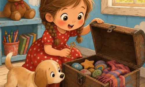 A 4-year-old girl with a round face, light brown braided hair, big bright eyes and an enchanted smile holds a small golden key in one hand and opens a wooden chest with the other; she looks happy and curious with rosy cheeks, leaning toward the chest, wearing a red polka-dot dress and muddy red boots. A beige-eared puppy named Pip wags his tail and sniffs the chest at her right feet. A worn brown teddy bear sits on a low shelf behind her. The scene is inside a sky-blue playhouse with white clouds, light wooden plank floor, a small shelf of crayons and books, and a square window letting in golden light. The open chest contains painted stones, a star-shaped cookie and a colorful scarf; the centered composition uses warm colors and tactile textures (grained wood, plush fabric, cracked paint).