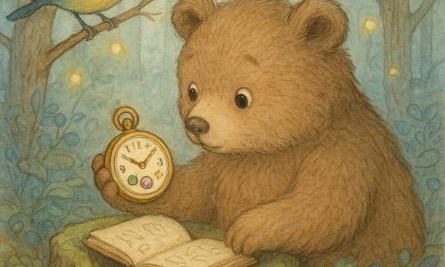 Un orsetto bruno paffuto (aspetto di peluche realistico) guarda meravigliato e un po' esitante un piccolo orologio tondo in metallo lucido che tiene nella zampa sinistra; viso dolce, occhi grandi e brillanti, muso polveroso, pelo morbido e postura inclinata in avanti come se ascoltasse il ticchettio, nella cavità di un vecchio tronco coperto di muschio verde c'è un piccolo taccuino di cuoio aperto vicino all'orologio con pagine scarabocchiate in scrittura infantile, una cinciallegra vivace è posata su un ramo appena sopra, piume gialle e blu ben definite, guarda l'orsetto di sbieco, diverse lucciole dorate fluttuano intorno creando un'atmosfera magica; il luogo è un bosco di bacche blu con tronchi nodosi, tappeto di foglie ocra, macchie di mirtilli lucenti, raggi di sole obliqui e polvere nell'aria; situazione principale: l'orsetto scopre l'orologio temporale nel tronco, la luce del meccanismo emette un alone morbido, si vedono pulsanti colorati (foglia verde, stella dorata, spirale viola), la scena è congelata nel momento in cui tende la zampa per toccare un pulsante, atmosfera misteriosa ma calda con palette di toni caldi, verdi muschio, blu mirtillo e tocchi dorati.