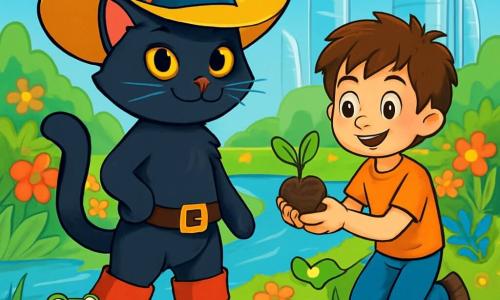 In the foreground, Puss in Boots, an elegant feline with silky black fur, wears shiny boots and a hat adorned with a colorful feather. His expression is determined and mischievous, with sparkling curious eyes. Next to him is a young boy named Marcus, around 10 years old, with messy brown hair and bright eyes, holding a small plant in his hands, ready to plant it by the riverbank. A small green frog, with round mischievous eyes, sits on a lily pad, watching the scene with a playful look. The setting is by a sparkling river, surrounded by lush gardens and futuristic glass towers, where colorful flowers bloom under a bright blue sky. The main scene shows Puss in Boots and Marcus planting seeds by the river, while the frog encourages the children to care for nature, creating an atmosphere of joy and hope for the future.