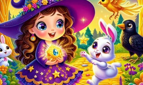 Uma menina pequena, Sofia, é uma aprendiz de bruxa de cinco anos, com longos cabelos cacheados e olhos brilhantes de curiosidade. Ela usa um chapéu pontudo roxo adornado com estrelas douradas e um vestido colorido. Sofia sorri maravilhada, segurando uma pena dourada cintilante em suas pequenas mãos. Ao seu lado, um coelhinho travesso chamado Saltitão, com pelagem branca e orelhas longas, pula alegremente, seus olhos brilhando de travessura. Uma corvo sábio chamada Pipoca, com penas negras e olhos redondos, pousou em um galho, observando atentamente a cena com um ar inteligente. A cena ocorre em uma floresta encantada, onde árvores com troncos dourados se erguem majestosas, suas folhas brilhando sob a luz do sol. Flores multicoloridas dançam ao redor delas, e um caminho de pedras brilhantes serpenteia pelo cenário mágico. Sofia, animada e determinada, se prepara para devolver a pena dourada a Solarino, o pássaro mágico, para salvar a luz de sua vila. A atmosfera está repleta de magia e aventura, com raios de luz dourada iluminando o caminho.