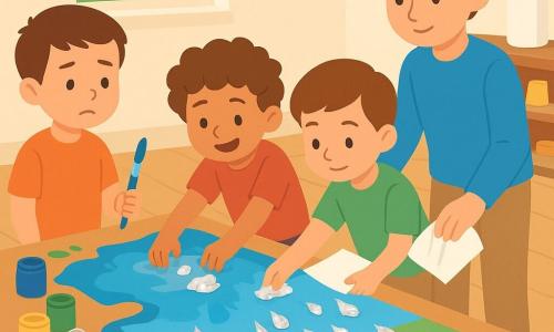 Four 5-year-old boys—Milo (short brown hair, round face) standing left of a poster holding a blue paintbrush and worriedly looking at a water stain; Ben (styled chestnut hair, gentle serious brows) kneeling right of the poster removing a wet sheet of paper; Leo (small, curly hair, mischievous) in front of the table placing shiny foil pieces on a tray; Sam (tall, calm) behind the table wiping the surface with a folded white cloth—in a bright classroom with light wood floors, large windows, low paint-splattered tables, paint pots and tipped water cups; a small paint-and-water spill has run blue across a flat poster of a blue sky and green field with glued foil “raindrops,” and the children calmly cooperate to blot, rescue the decorations and straighten the poster; soft, caring mood, bright colors, bold contrasts, simple shapes, flat vector style with clean outlines and smooth textures.