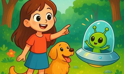 An 8-year-old girl named Lily, with long brown hair and sparkling curious eyes, stands at the center of the scene, smiling and amazed, pointing at a shiny spaceship. Beside her, her dog Max, a golden retriever with golden fur, looks on enthusiastically, his tail wagging joyfully. The setting is an enchanted clearing in the heart of a lush forest, surrounded by tall trees with vibrant green leaves, with rays of sunlight filtering through the branches, creating a magical atmosphere. The ground is dotted with colorful flowers and glowing stones that shimmer in the light. The main situation shows Lily and Max discovering a friendly little alien, with big round eyes and wavy antennas, who emerges from the spaceship. The alien seems joyful and curious, emitting melodic sounds, while Lily and Max watch in wonder, ready to share an incredible adventure.