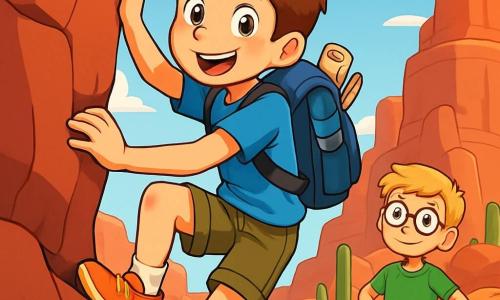 A young boy named Jack, about 12 years old with brown hair and sparkling curious eyes, is climbing a rocky plateau atop the majestic red cliffs. His face shows excitement and determination, with a wide smile and cheeks slightly flushed from effort. He wears a blue t-shirt, khaki shorts, and a backpack filled with exploration tools. Nearby, his friend Leo, a 12-year-old boy with blond hair and round glasses, watches with admiration from the base of the cliff, hands on hips, ready to cheer him on. Leo wears a green t-shirt and denim shorts, appearing worried yet proud. The setting is a desert landscape with towering red cliffs, dotted with green cacti and oddly shaped rocks. The sky is bright blue with a few fluffy white clouds. The main scene shows Jack climbing, gripping a rock hold, looking up at the summit with a defiant and joyful expression, while Leo encourages him from below with a big smile, creating an atmosphere of friendship and adventure.