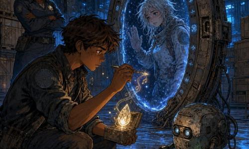 A teenage boy named Jory (~16), focused and moved, brow furrowed but eyes bright with wonder, messy light brown hair, oil-stained technician jacket, delicately holding an open small box with a tear-shaped crystal emitting a pale glow, crouched before a activating metal portal ring. A teenage girl named Eris (~16), breathless but relieved, pale skin, disheveled silver hair, wearing a worn spacesuit, presses a hand to the starry surface of the portal from the other side as if greeting, halfway through the oval of light. An adult woman, Mira (~35), worried yet amused, brown hair tied back, supervisor uniform with a shiny badge, stands back with arms crossed near a row of crates. A dented maintenance robot with corroded metal casing, two lens-eyes and an articulated arm rolls nearby, sparking green light like a faithful companion. The setting is Warehouse 