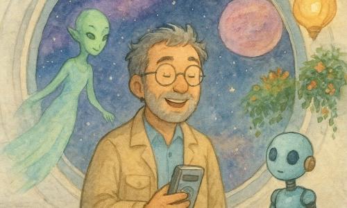 Dr. Ben, smiling and awestruck with salt-and-pepper hair, round glasses and a beige pocketed jacket, holds a small silver recorder and looks at the stars through a large round window; a small slender robot friend with a matte pale-blue metal body and copper joints stands on the table to his right holding a plate of space cookies; a young green-skinned alien woman with smooth skin, long luminous eyes and a floating translucent dress hovers near the hanging garden behind him; inside a bright space station with pearly white walls, round windows showing purple nebulae and pink planets, hanging gardens and light wooden floors, Dr. Ben records a lullaby for the crew in warm golden light, creating an atmosphere of curiosity and tenderness.