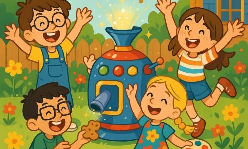 There are 4 children: - **Benny**: a 9-year-old boy with messy brown hair and round glasses. He wears blue overalls and a yellow t-shirt, standing next to the Wibbly Wobbly Machine with his arms raised in excitement. - **Emma**: an 8-year-old girl with braided blonde hair and a bright smile. She wears a colorful dress with flower patterns and holds a paint palette in one hand, joyfully dancing around Benny. - **Max**: a 9-year-old boy with black hair and square glasses. He wears a green t-shirt and red shorts, crouching and laughing while holding a wobbly creature-shaped cookie. - **Mia**: an 8-year-old girl with brown hair and freckles. She wears a striped t-shirt and denim shorts, jumping enthusiastically with her arms in the air, surrounded by cookies falling from the sky. The scene takes place in Benny's garden, filled with colorful flowers and scattered toys, with a wooden house and blue shutters in the background. The Wibbly Wobbly Machine, a colorful device with shiny buttons and blinking lights, is at the center of the garden, surrounded by sparkling glitter clouds. The main situation shows the children dancing and laughing around the Wibbly Wobbly Machine as a rain of wobbly cookies falls from the sky, creating a joyful and playful atmosphere, with their faces lit up by the magic of the moment, filled with happiness and surprise.