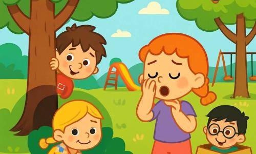 Er zijn 4 kinderen: - Luca: een 6-jarig jongetje met rommelig bruin haar, gekleed in een rode t-shirt en een blauwe short. Hij verstopt zich achter een grote boom, met een ondeugende glinstering in zijn ogen. - Mia: een 5-jarig meisje met gevlochten blond haar, in een kleurrijke bloemenjurk. Ze zit in de schaduw, glimlachend terwijl ze wacht om gevonden te worden. - Sam: een 6-jarig jongetje met zwart haar en ronde bril, gekleed in een groene t-shirt en een beige broek. Hij verstopt zich in een kartonnen doos, met een grote glimlach op zijn gezicht. - Ella: een 5-jarig meisje met krullend rood haar, in een paarse t-shirt en een roze short. Ze staat in het midden en telt tot tien met een geconcentreerde blik. De scène speelt zich af in een zonnig park, vol met grote groene bomen, kleurrijke bloemen en een goed onderhouden grasveld. In de verte zijn er een glijbaan en schommels te zien, terwijl vogels in de takken zingen. De belangrijkste situatie toont de kinderen die verstoppertje spelen, met Luca achter de boom, Mia in de schaduw en Sam in de doos, terwijl Ella vrolijk hardop telt. Gelach en glimlachen verlichten hun gezichten, wat een vrolijke en vriendelijke sfeer creëert.