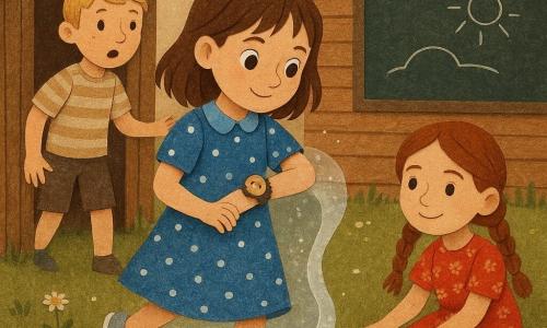 Osiemletnia Maja, uśmiechnięta, nieco nieśmiała, włosy brązowe do ramion, w niebieskiej sukience w białe kropki i błyszczących tenisówkach, ostrożnie zakłada na nadgarstek mały budzik z wąsami i stawia krok w przezroczystą, falującą zmianę czasu; za lewą stroną kadru, zza małej drewnianej chatki, zaskoczony Franek, około 8 lat, krótkie blond włosy i piegi, w brązowych szortach i pasiastej koszuli, wyciąga do niej rękę; po prawej Hania, około 8 lat, kasztanowe włosy w dwóch długich warkoczach, czerwona sukienka w kwiaty, kuca przy ozdobnej blaszanej skrzynce na skarby, uśmiechnięta i pocieszająca; miejsce: podwórze starej drewnianej szkoły z patynowanymi deskami, wielką zewnętrzną tablicą pokrytą białą kredą, zieloną trawą z margaretkami i małą chatką z desek, złote światło i unoszący się pył kredy; scena ukazuje magiczny moment — srebrzystą, migoczącą falę czasu, wyraźne graficzne detale i kontrastowe, żywe kolory, kompozycja skoncentrowana na przejściu przez bramę czasu i na zdziwieniu oraz dobroci w wyrazach dzieci.