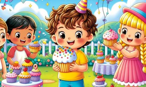En un jardín soleado, Carlitos, un niño de seis años con cabello castaño y rizado, lleva una camiseta amarilla y un short azul. Está en el centro de la imagen, sonriendo con ojos brillantes, sosteniendo un cupcake decorado con colores vivos. A su derecha, Ana, una niña de seis años con cabello largo y rubio trenzado, lleva un vestido rosa y admira su propio cupcake, decorado con pequeñas estrellas de azúcar. A la izquierda, Pablo, un niño de seis años con cabello negro y liso, lleva una gorra roja y una camiseta verde, riendo mientras muestra su cupcake cubierto de caramelos de colores. Al fondo, el jardín está lleno de flores brillantes, globos flotantes y una gran mesa decorada con pasteles y golosinas. Un gran árbol da sombra a un rincón de la escena, mientras un sol radiante brilla en un cielo azul claro. La escena principal muestra a los niños decorando cupcakes, rodeados de risas y alegría, capturando el espíritu festivo del cumpleaños de Carlitos.