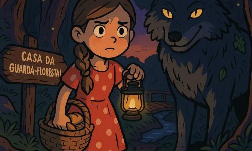Uma menina de 8 anos, Lina, olhar preocupado e determinado, cabelo castanho claro em trança solta, vestido vermelho com bolinhas brancas amassado, segura uma pequena lanterna amarela que ilumina o rosto e um cesto de vime com pão; um grande lobo cinza-escuro, olhos amarelos brilhantes, pelagem texturada, sorri de boca fechada e está em pé meio na sombra à direita de Lina; à esquerda, uma velha placa de madeira quebrada apontando para a 