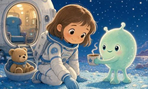 A smiling, serene female astronaut with short brown hair in a soft white-and-blue suit crouches to plant a small round seed in pale blue sand with a gloved hand; a small light-brown teddy bear sits protectively in a bowl by her spacecraft seat; a small three-legged nonhuman alien friend with a round, glowing mint-green body, bright round eyes and a warm smile stands to her right offering a warm cup. A compact spacecraft with a matte silver hull and round windows casting soft yellow light rests in the background; the ground is a beach of small blue pebbles with pearly reflections and a pale dust ring sparkles in the dark, star-speckled sky. Calm, tender scene: Anna plants the seed as the alien offers a drink, both smiling under the craft’s soft light. Graphic style: soft lines, pastel colors, rounded outlines, felted textures, cozy, reassuring atmosphere.