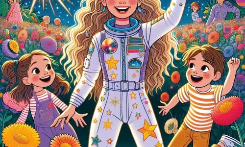 No centro da imagem, Luna, uma mulher piloto com cabelos longos e ondulados, usa um traje espacial colorido com padrões de estrelas. Seu rosto irradia alegria e empolgação enquanto ela sorri para as crianças ao seu redor, pronta para levá-las em uma aventura espacial. Ao seu lado, Mia, uma menina de cerca de 8 anos com tranças e uma camiseta listrada, dança alegremente entre as flores cantantes, seus olhos brilhando de espanto. Leo, um garoto de 7 anos com cabelos castanhos bagunçados, levanta os braços, fascinado por uma estrela cadente que atravessa o céu. O cenário é uma paisagem mágica do Planeta das Flores Cantantes, onde flores multicoloridas com pétalas cintilantes florescem sob um céu estrelado, criando uma atmosfera mágica e alegre. A situação principal mostra Luna e as crianças dançando e rindo juntas entre as flores que cantam, com a nave espacial Estrela Brilhante ao fundo, pronta para levá-los de volta para casa após um dia de aventuras inesquecíveis.