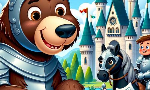 Un grande orso bruno di nome Bruno, con un pelo morbido e lucente, si trova al centro dell'immagine, con gli occhi spalancati per la curiosità e un ampio sorriso sul volto. Indossa un piccolo elmo da cavaliere un po' troppo grande per lui ed è seduto su un maestoso cavallo nero, pronto per partire all'avventura. Alla sua destra, un cavaliere in armatura scintillante, con un petto d'argento e uno scudo decorato con un drago, guarda Bruno con un sorriso amichevole, gli occhi pieni di eccitazione. Tiene una lancia in mano e sembra pronto ad accompagnarlo nelle sue avventure. Sullo sfondo, un grande castello medievale si erge fiero, con torri appuntite e bandiere che sventolano al vento. Gli alberi verdi circondano il castello e un cielo blu splendente illumina la scena. La situazione principale mostra Bruno e il cavaliere pronti a partire alla ricerca di un drago sfortunato, circondati da un'atmosfera di avventura e camaraderie, pronti a esplorare un mondo magico pieno di misteri e tesori da scoprire.