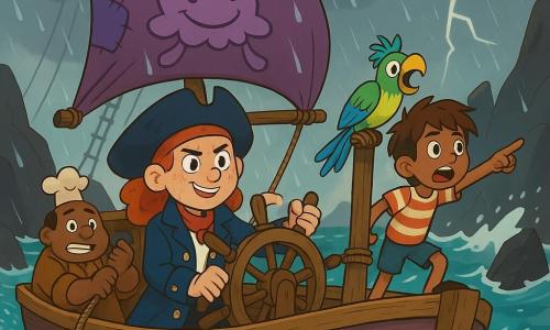 Captain Lila is a ~28-year-old woman with a round freckled face, red neckerchief, navy coat with gold buttons; focused and brave, furrowed brows but confident smile, gripping the helm and looking straight ahead. Milo is a skinny ~10-year-old boy with tousled brown hair, striped tee and shorts, a little shaky but determined, standing at the bow listening to the sea, finger pointing left. Baba Jun is a ~45-year-old tall, sturdy man with chubby cheeks, tiny chef's toque, earth-toned coat; he strains at an anchor rope at the stern, concentrated. Pip is a lively parrot with green, blue and yellow feathers, perched on the railing near Milo, beak open encouragingly. Setting: the wooden deck of a small pirate boat named Jellyfish, worn planks, coiled ropes, patched purple sails that appear to smile, choppy turquoise sea, sharp black rocks on either side, gray sky with heavy rain and a distant lightning. Main scene: the boat slips between two rocks in the rain, waves dynamically splashing the deck, tense but hopeful expressions, clear staging with readable characters, saturated colors and crisp outlines in a 1990s cartoon style.