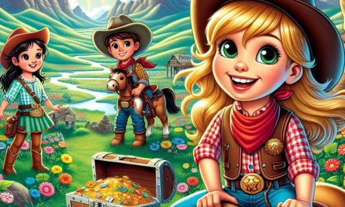 Daisy, o cowboyetă curajoasă de aproximativ 10 ani, stă mândră pe calul ei, Spirit, cu un zâmbet mare pe față. Ea poartă o pălărie maro de cowboy, o cămașă cu carouri roșii și o vestă din piele, în timp ce părul ei blond flutură în vânt. Lângă ea, Jake, un băiat de 11 ani cu o șapcă mare și blugi uzați, privește cu admirație valea din fața lor. Lily, o fetiță de 9 ani cu părul brun și ochi strălucitori, stă pe o piatră, ținând o hartă a comorii, având un aer entuziast și curios. Peisajul este o vastă vale însorită, înconjurată de munți măreți, cu flori colorate care dansează în vânt și un copac mare în centru, sub care se ascunde o cutie misterioasă cu comoară. Situația principală arată cum Daisy și prietenii ei descoperă cutia cu comoară îngropată sub un copac, fețele lor fiind iluminate de bucurie și uimire, în timp ce se pregătesc să o deschidă împreună.