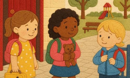 Drie meisjes van 3 jaar: Noor links bij de schooldeur, lichtbruin haar in een staart, gele jurk met witte stippen en een brooddoos met banaan; Lila in het midden een stap naar voren, zwart krullend haar, roze trui met klein beertje en haar bruine knuffel geknuffeld; Zoë rechts bij het poortje, kort blond haar, blauwe jas terwijl ze zelf haar rits sluit; ze dragen elk een kleurrijk rugzakje en komen aan op de ochtendschoolplaats met lichte kasseien, felgekleurde hinkeliën, een open rode houten deur met deurbel, jonge boompjes en een houten bank, zachte ochtendlucht en een rustige, vriendelijke sfeer.