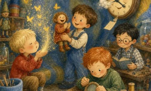 Vier jongens van bijna zes: een blonde met een rode jas links blaast een potje dat gouden poeder vrijgeeft; een kastanjebruine in blauwe tuinbroek in het midden staat met een wollen pruikmarionet die applaudisseert; een donkere jongen met ronde bril en ruithemd rechts leest een open boek en glimlacht bij fluisterzinnen; een rossige jongen met groene trui vooraan naait met naalden een mini houten deurtje. Binnen in een werkplaats binnenin een reusachtige blauw-gele gestreepte sok, stoffen wanden, versleten houten vloer en volle planken met houten poppen, kleurrijke klossen draad en hoeden; aan de muur een grote klok met een vriendelijk gezicht. De jongens blazen gouden stof dat als fonkelende vlinders zweeft, marionetten leven, applaudisseren en dansen, hoeden zingen, de klok klinkt zacht en een papiertje valt op het werkbankje; vrolijke, zachte sfeer met pasteltinten en aquarelachtige texturen.