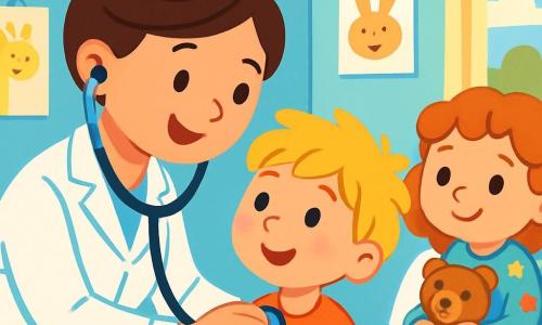 Een glimlachende vrouwelijke arts, dokter Anna, draagt een stralende witte jas en een stethoscoop om haar nek. Ze heeft bruin haar in een knot en sprankelende vriendelijke ogen. Ze leunt aandachtig naar een jongetje, Max, van ongeveer 6 jaar, die met zijn rommelige blonde haar en bezorgde gezicht begint te glimlachen naar dokter Anna. Naast hen zit een klein meisje, Lisa, van ongeveer 5 jaar, op een ziekenhuisbed. Ze heeft krullend haar en draagt een kleurrijke pyjama met sterren. Ze kijkt hoopvol naar dokter Anna terwijl ze een knuffel vast houdt. De scène speelt zich af in een lichte ziekenhuiskamer met pastelblauwe muren en tekeningen van lachende dieren. Een raam laat zonlicht binnen, dat de kamer verlicht. Dokter Anna luistert aandachtig naar het hart van Max met haar stethoscoop en legt hem vriendelijk uit dat hij zich snel beter zal voelen. Max begint te glimlachen, terwijl Lisa, die zich een beetje ziek voelt, de scène met bewondering en hoop observeert.
