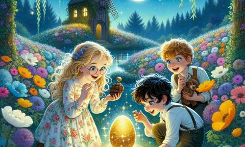 Bajo una mágica luz de luna, tres niños están en el centro de un hermoso campo de flores coloridas. Simón, un niño de diez años con cabello castaño desordenado y gafas redondas, sonríe alegremente sosteniendo un brillante huevo de chocolate. Clara, una niña de diez años con cabello largo y rubio, lleva un vestido de flores y mira asombrada un huevo dorado brillante sobre una piedra. Lucas, un niño de diez años con cabello negro y pecas, se agacha junto a ellos, examinando una pluma dorada que brilla bajo la luz de las estrellas. Su entorno es un paisaje encantador, lleno de flores vibrantes, grandes árboles con hojas brillantes y una suave brisa que hace bailar los pétalos. Al fondo, un viejo molino de madera cubierto de hiedra añade un toque de misterio a la escena. Las estrellas brillan intensamente en el cielo, creando una atmósfera mágica. Los niños celebran su descubrimiento del legendario huevo dorado, un símbolo de su amistad y de la magia de la Pascua, rodeados de risas y alegría.